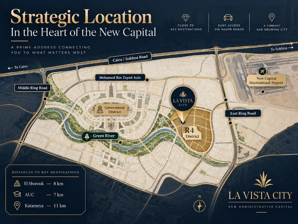 La Vista City in R4, New Administrative Capital. El Shorouk 8 km, AUC 7 km, Katameya 11 km.